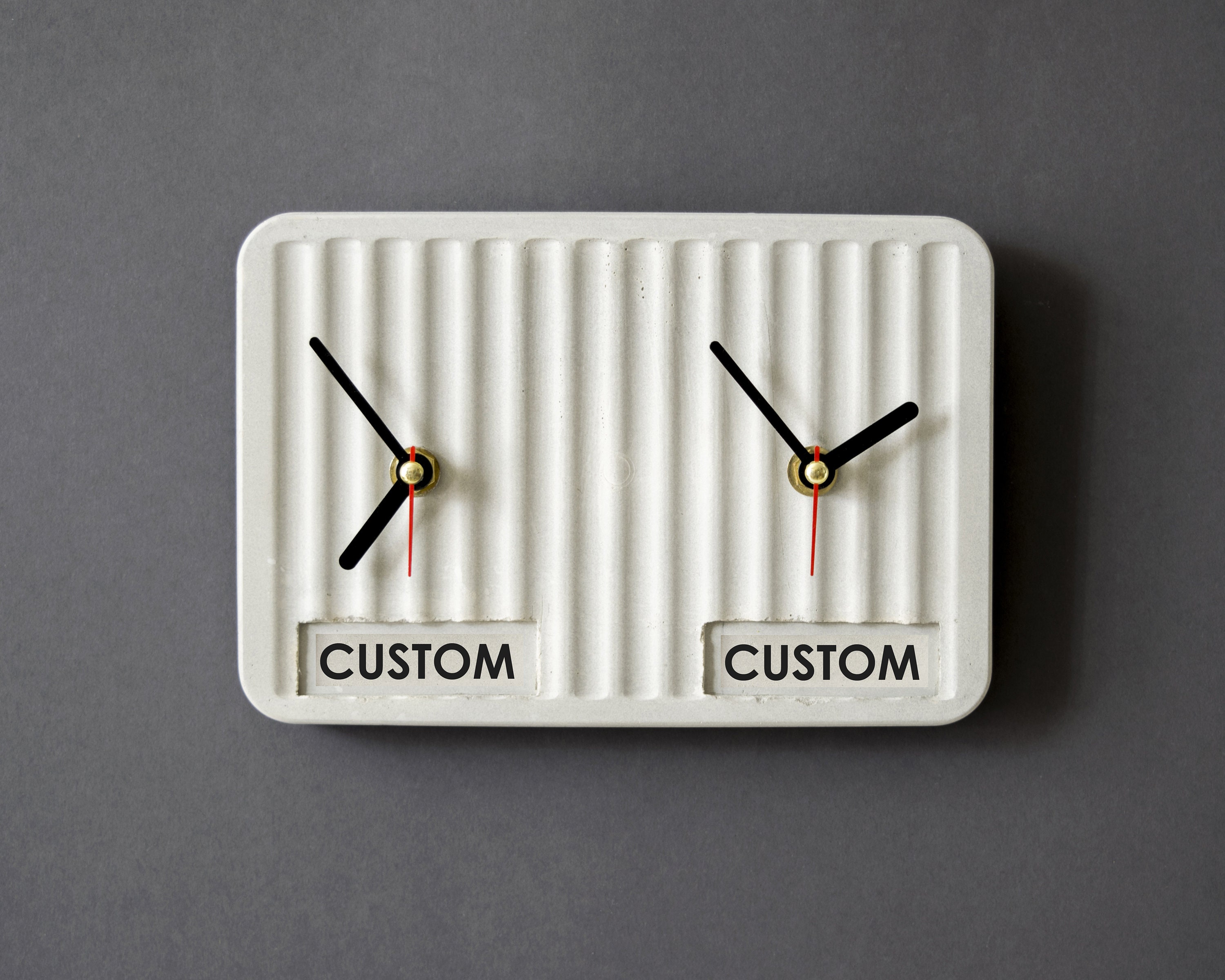 Personalised Concrete wall clock Dual Time Zone Custom Text Etsy