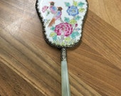 Vintage Chinese Porcelain Hand Painted Hand Mirror with Jade Handle Birds and Flowers