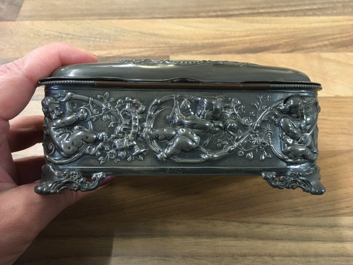 Antique Rectangular Metal Jewellery Box With Cherubs Pewter Etsy