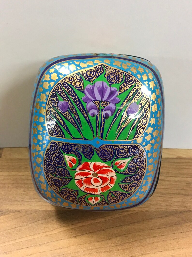 Vintage Paper Mache Lacquered Box Hand Painted Blue With Etsy