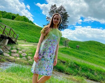 Printed linen dress IRISES. Linen summer dress. Olive green floral dress pattern. Dress art print