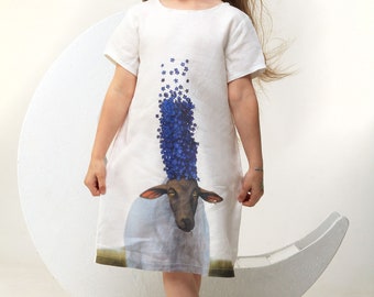 Girl summer linen dress. Baptism dress with sheep print. Toddler birthday dress. Flower girl dress.