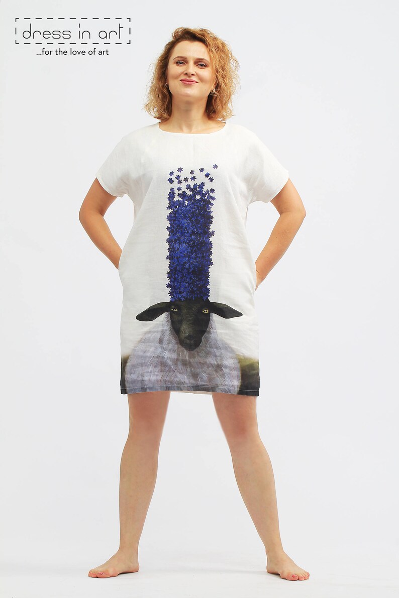 Women/'s linen dress Floral dress for women Linen printed sheep dress Stylish loose fit outfit Linen summer dress White floral linen dress