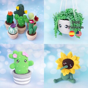 Puede incluir: Una colección de plantas de ganchillo hechas a mano, incluyendo cactus, una planta colgante y un girasol. Los cactus están en macetas pequeñas con varios detalles florales. La planta colgante tiene una cara sonriente. El girasol tiene un centro marrón y pétalos amarillos.