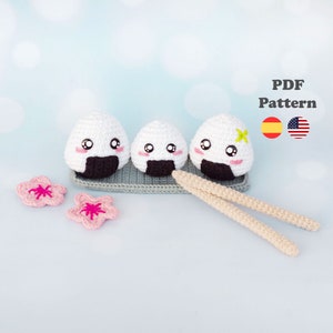 Crochet Pattern Onigiri Family Sushi Sakura Kawaii | Amigurumi Crochet | PDF Pattern | ENG / ESP | Amigurumi onigiri patrones en español