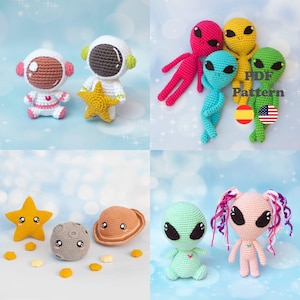 Puede incluir: Una colección de juguetes de ganchillo hechos a mano, que incluyen astronautas, extraterrestres, una estrella, una luna y un planeta. Los juguetes son de varios colores, como rosa, amarillo, verde y azul. La imagen también incluye el texto "PDF Pattern" con banderas.
