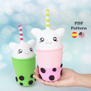 Boba Katze Amigurumi Häkelanleitung PDF| PDF-Muster | ENG/ESP | Amigurumi Bubble Tea-Muster auf Spanisch