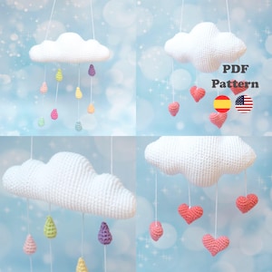 Puede incluir: Móvil de bebé tejido a ganchillo con una nube blanca y gotas de lluvia de colores colgantes. El móvil también incluye una nube con corazones rosas colgantes. El texto "PDF Pattern" es visible.