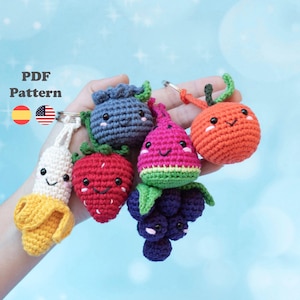 6-in-1-Set mit Frucht-Schlüsselanhängern – Häkelanleitung | Amigurumi-Anleitung | Englisch/Spanisch | Frucht-Schlüsselanhänger-Anleitungen auf Spanisch