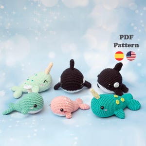 3 in 1 Crochet Sea Animals killer whale narwhal Amigurumi | Crochet | PDF Pattern | ENG/ESP | Orca whale narwhal patterns in Spanish