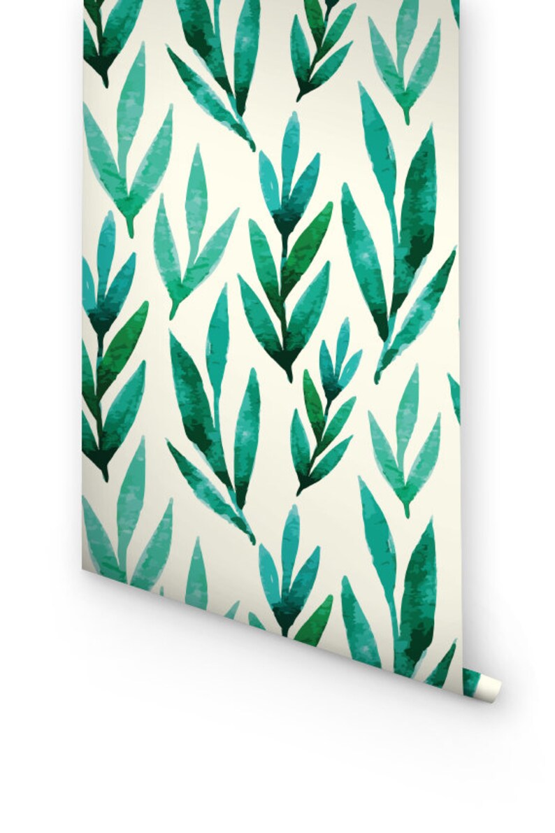 Green Watercolor Leaves Removable Wallpaper Selfadhesive Etsy