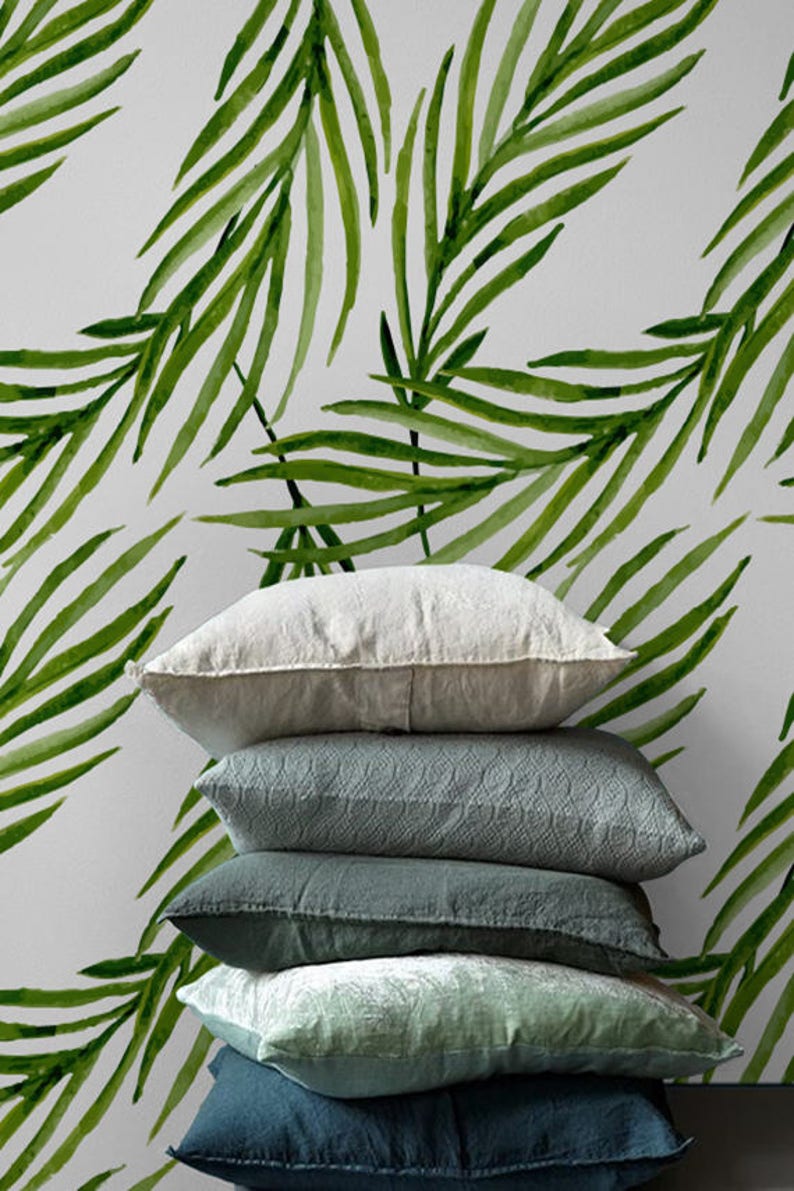 Green Palm Leaves Removable Wallpaper Temporary Wallpaper Etsy
