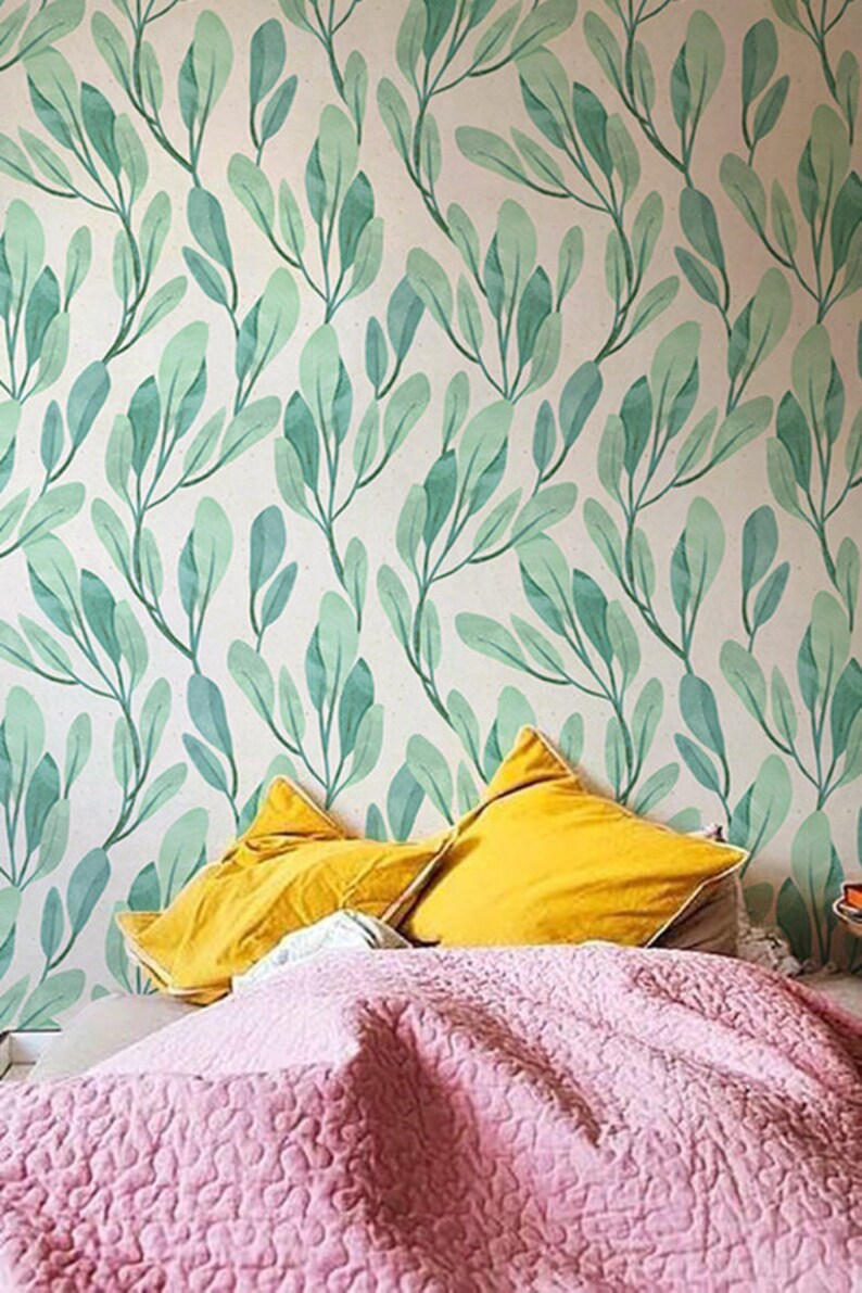 Watercolor leaves wallpaper Botanical tempoarary wallpaper Etsy