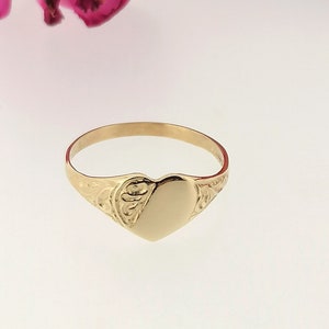 Solid 9ct Yellow Gold Half Engraved Heart Signet Ring, Ladies Heart Shape Gold Ring, Wife Girlfriend Birthday Anniversary, 9K Scroll Pattern