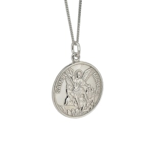Saint Michael Medal Round Pendant Sterling Silver, St Michael Archangel Protector Necklace, Christian Religious Ladies Mens Catholic Jewelry