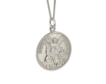 Saint Michael Medal Round Pendant Sterling Silver, St Michael Archangel Protector Necklace, Christian Religious Ladies Mens Catholic Jewelry