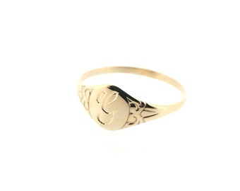 Anillo de sello ovalado de oro amarillo sólido personalizado de 9 quilates, grabado de monograma de letras personalizadas con guión, anillo meñique delicado para damas, grabado a mano