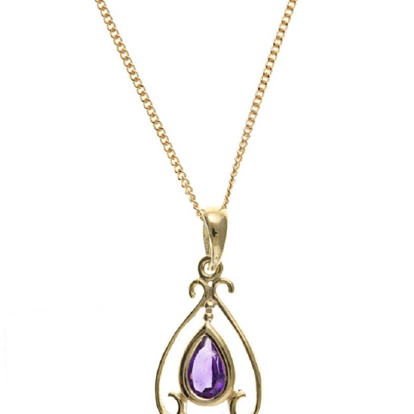 Vintage Victorian Amethyst 9ct Yellow Gold Pendant Necklace, February Birthstone, Purple Natural Pear Shape Amethyst, Ladies Birthday Gift