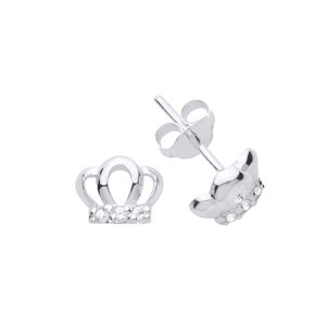 Sterling Silver Crown Stud Earrings with Diamond Simulant Cubic Zirconia