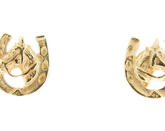 Solid 9ct Yellow Gold Horseshoe and Horse Head Stud Earrings, Womens Girls Equine Jewellery, Ladies Horse Lover Horse Racing Equestrian Gift