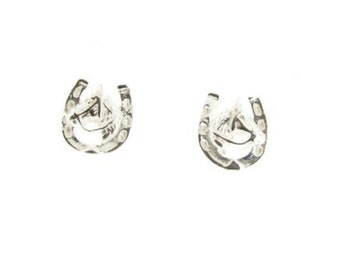 Horseshoe & Horse Head Sterling Silver Stud Earrings, Horse Racing Equestrian Jewellery, Ladies Girls Horse Riding Lover Gifts