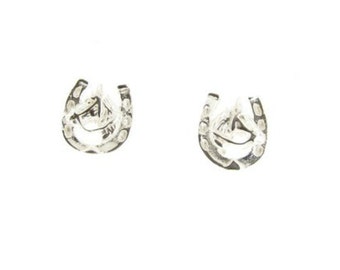 Horseshoe & Horse Head Sterling Silver Stud Earrings, Ladies Girls Horse Lover Gifts