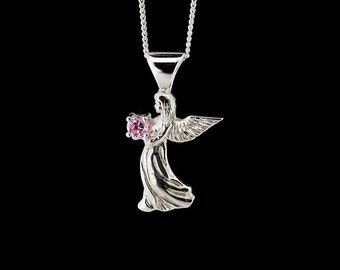 Angel Pendant Sterling Silver & 18" Silver Chain, Christian Guardian Angel Necklace, Womens Symbol of Protection Gift, Pink Cubic Zirconia