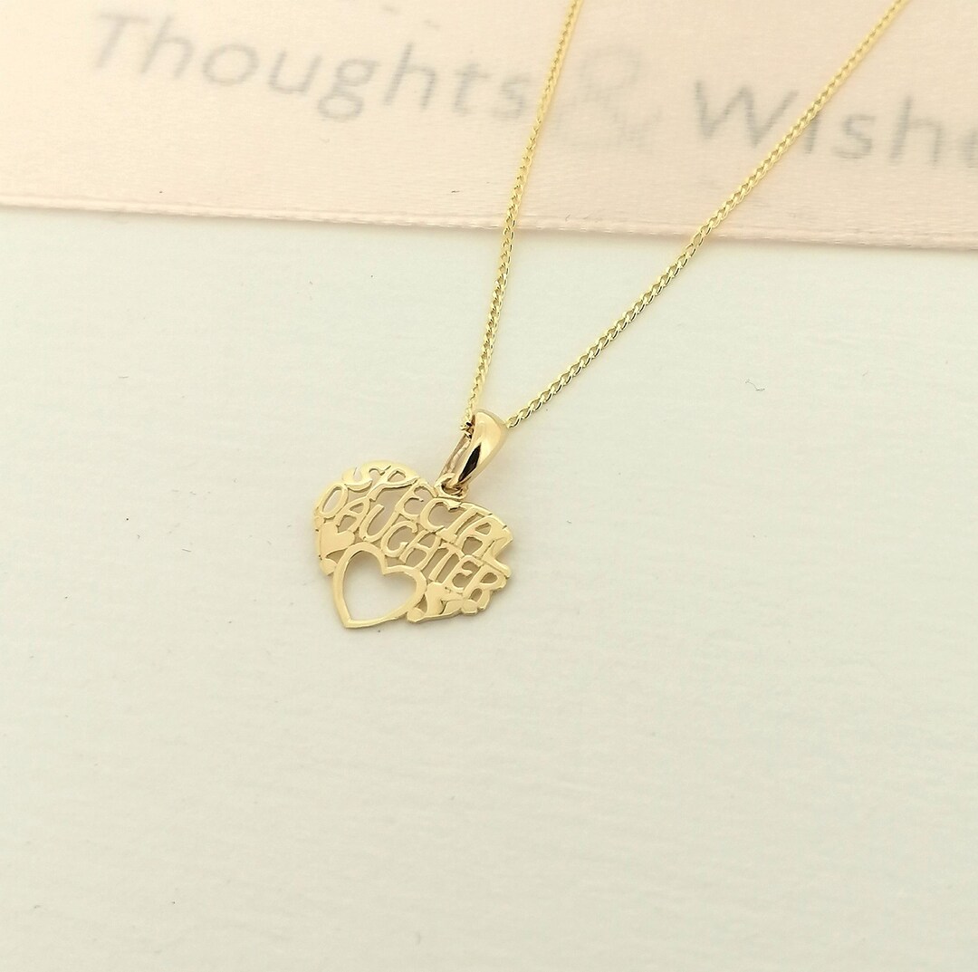 Solid 9ct Yellow Gold Small Special Daughter Heart Shape Pendant Chain Tiny Minimalist