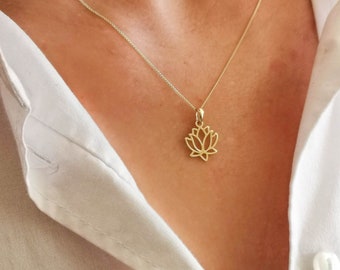Solid 9ct Yellow Gold Lotus Flower Pendant, Spiritual Hindu Buddhist Symbol, Religious Meditation Jewelry, Ladies Minimalist, 18" Gold Chain
