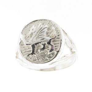 Solid Sterling Silver Mens Welsh Dragon Prince of Wales Feathers Oval Signet Ring, Wales Symbol, Valentine's Day Gift For Him, Sizes R to Z
