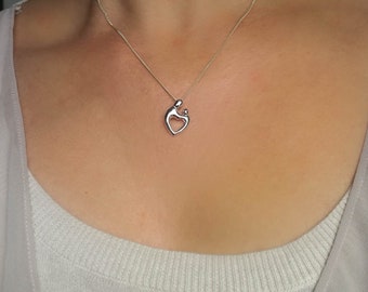 Sterling Silver Mother and Child Heart Shape Pendant, 18" Chain Necklace, Mother's Day Gifts, Baby Shower New Mom, Mum's Birthday Gift