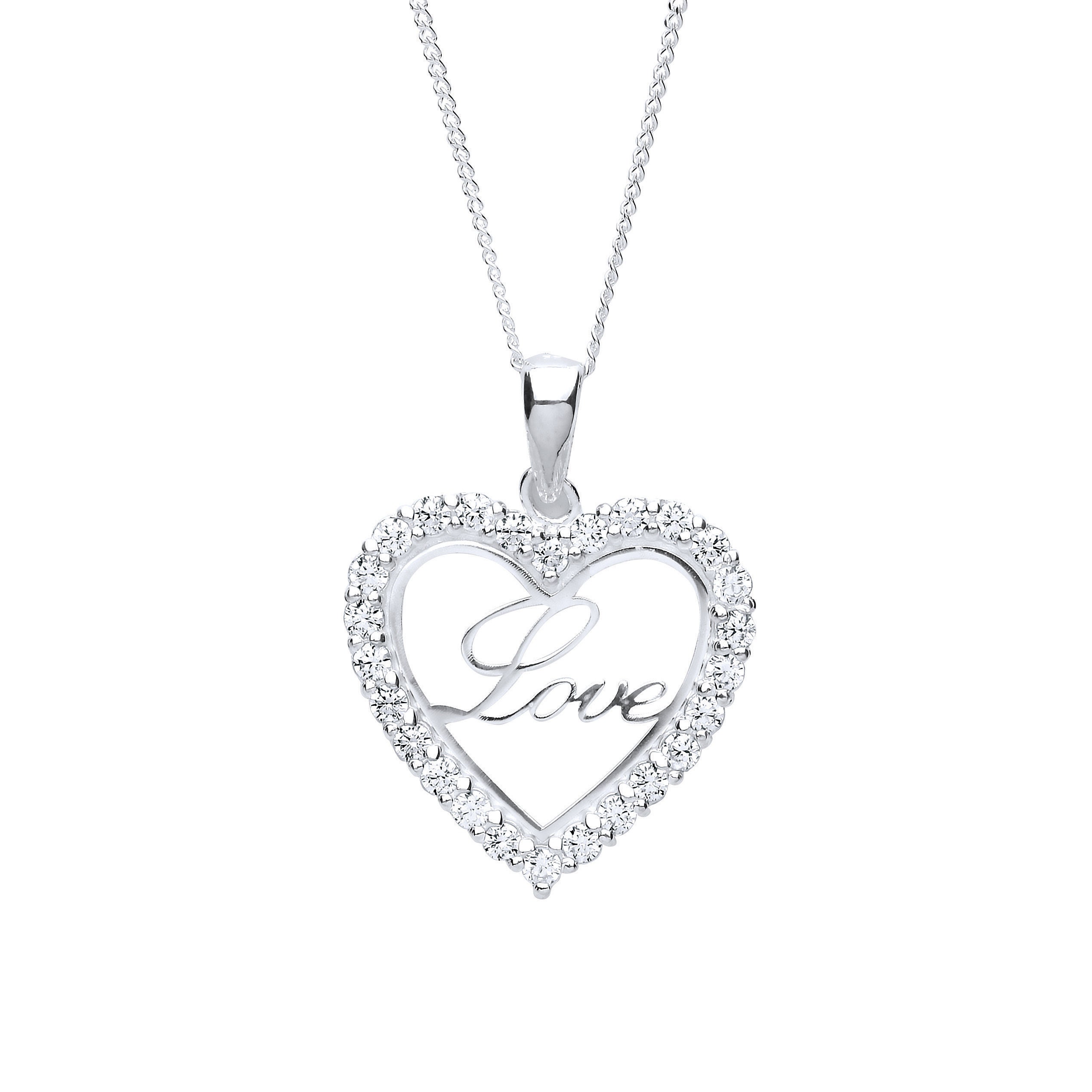 Sterling Silver Diamond Simulant Love Heart Pendant With 18