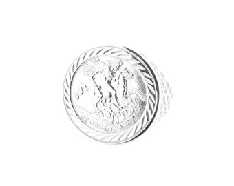 Sterling Silver Men's St George & Dragon Sovereign Coin Ring - UK Sizes R - V US Sizes 8.5 - 10.5