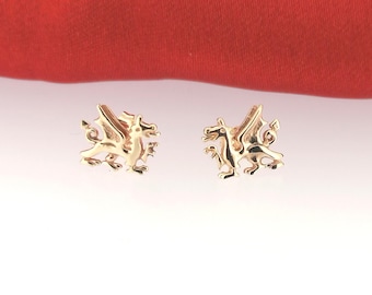 Solid 9ct Yellow Gold Welsh Dragon Stud Earrings, Ladies Welsh Heritage Cymru Gift, Red Dragon Wales Flag Y Ddraig Goch Dragon of Cadwalader