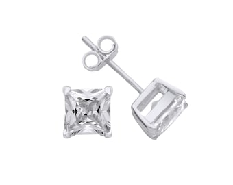 Sterling Silver Sparkling 6mm Square Princess Cut Diamond Simulant Clear Cubic Zirconia Stone Stud Earrings