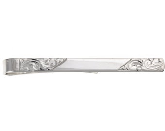 Solid Sterling Silver Men's Tie Slide Clip, Engine Turned Engraved Design