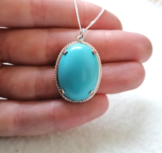 Sterling Silver Large Turquoise Oval Cabochon Pendant Necklace