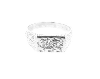 Solid Sterling Silver Men's Welsh Dragon Engraved Rectangle Signet Ring, Wales Flag Ring, Celtic Jewellery, Welsh Heritage Gift for Him