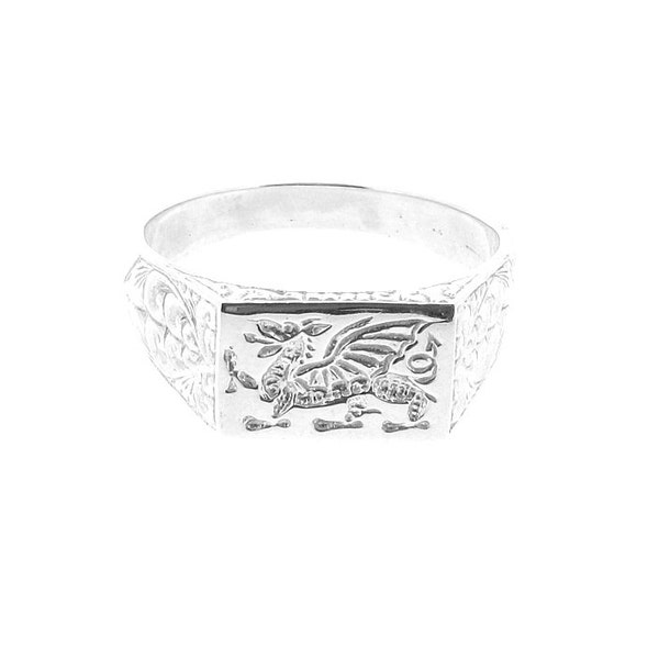 Solid Sterling Silver Men's Welsh Dragon Engraved Rectangle Signet Ring, Wales Flag Ring, Celtic Jewellery, Welsh Heritage Gift for Him