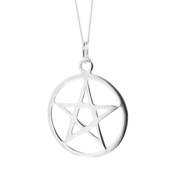 Sterling Silver Five Pointed Star Large Pentagram Pendant with 18" Silver Chain Necklace, Men's Ladies Unisex