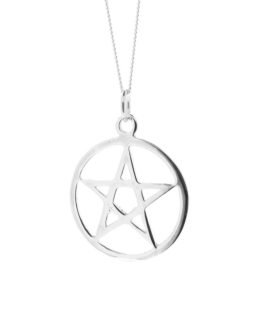 Sterling Silver Five Pointed Star Large Pentagram Pendant with 18" Silver Chain Necklace, Men's Ladies Unisex