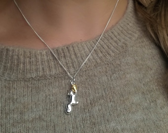 Ladies Sterling Silver Squirrel with 9ct Yellow Gold Acorn Pendant Necklace, Dainty Squirrel, Nature Lover Jewelry, Women&#39;s Autumn Jewellery