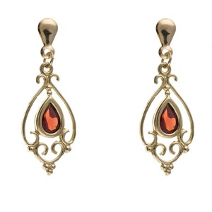 Massief 9kt geelgouden vintage Victoriaanse stijl natuurlijke granaat oorbellen, januari geboortesteen verjaardagscadeau, echte peervorm dames granaat