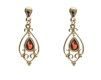 Solide 9 Karat Gelbgold Vintage Viktorianische Stil Natürliche Granat Tropfen Ohrringe, Januar Geburtstag Birthstone Geschenk, Damen Echter Birnenform Granat