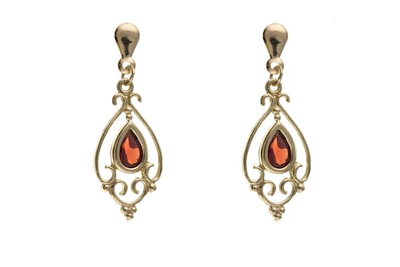 Solid 9ct Yellow Gold Vintage Victorian Style Natural Garnet Drop Earrings, January Birthday Birthstone Gift, Ladies Real Pear Shape Garnet