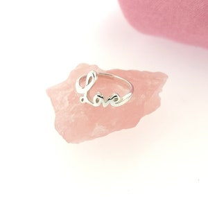 Anillo de amor de plata de ley sólida, palabra de amor de letra de guión cursiva, anillo de promesa, regalo de aniversario del día de San Valentín de la novia de la esposa para ella