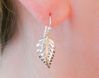 Sterling Silver & Gold Plated Leaf Drop Earrings, Ladies Real Silver Large Leaves Droppers, Minimalist Tree Leaves, Women's Boho Earrings