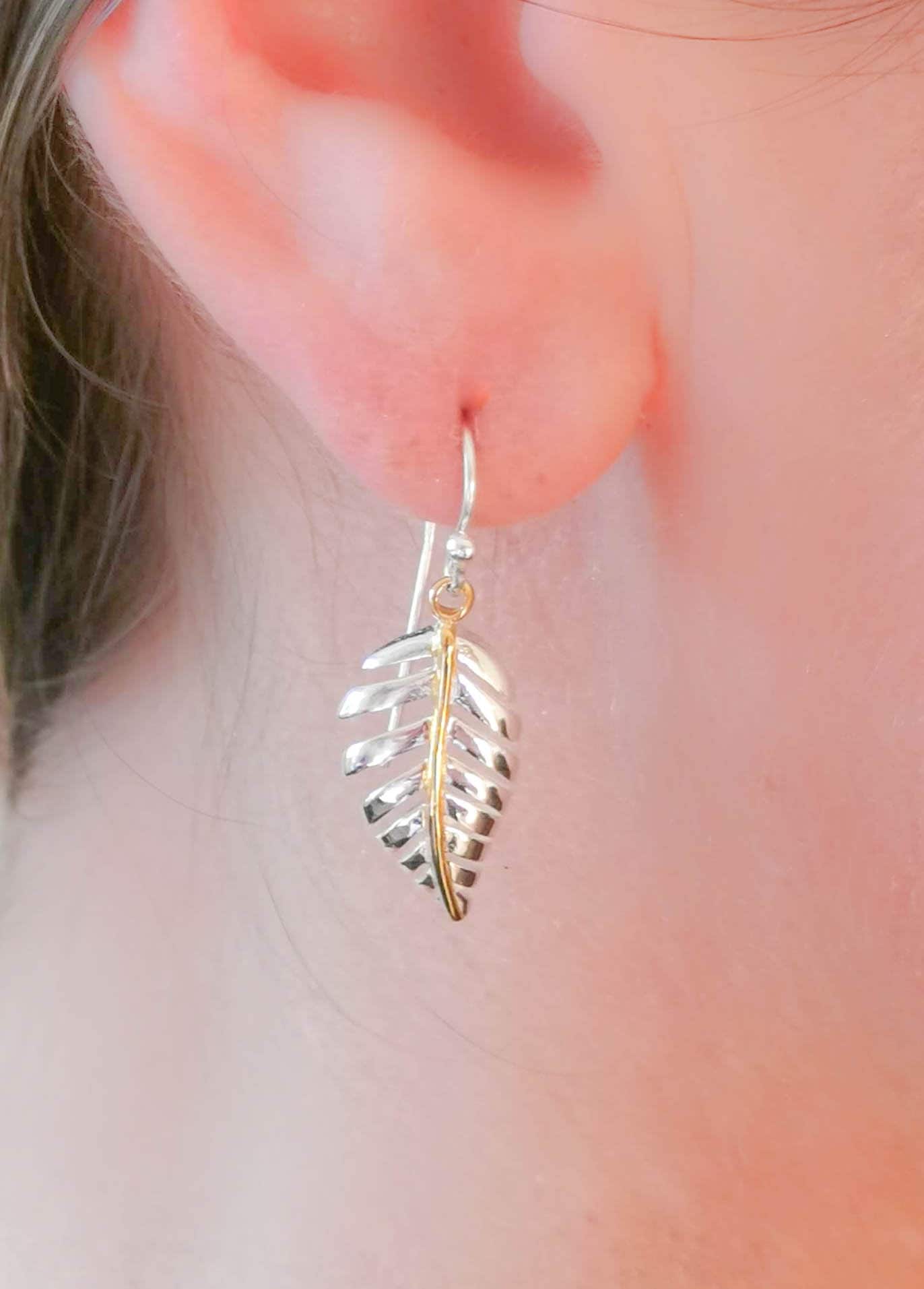Sterling Silver & Gold Plated Leaf Drop Earrings, Ladies Large