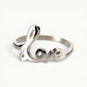 Ladies Solid Sterling Silver Love Ring, Script Letter Love Word, UK Sizes J to T, USA Sizes 4.5 to 9.5, Wife Girlfriend Anniversary Gift