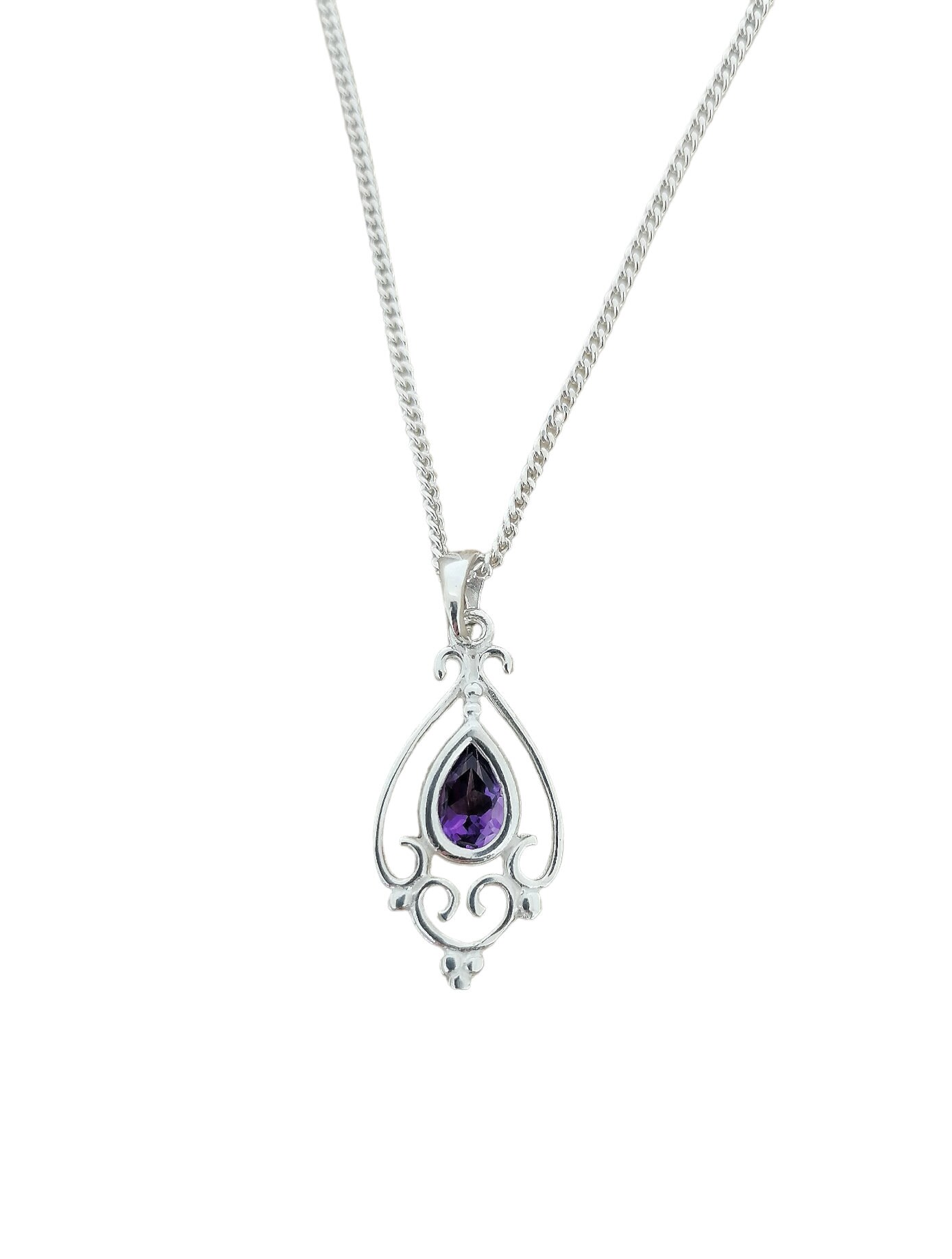 Collier Pendentif Améthyste Naturelle Couleur Argent - Vintage - Réf. 3877 - Occasion